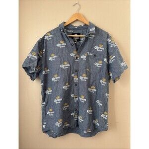 Corona Extra Men’s XXL Blue Chambray Button Down Shirt All Over Print Logo Spell